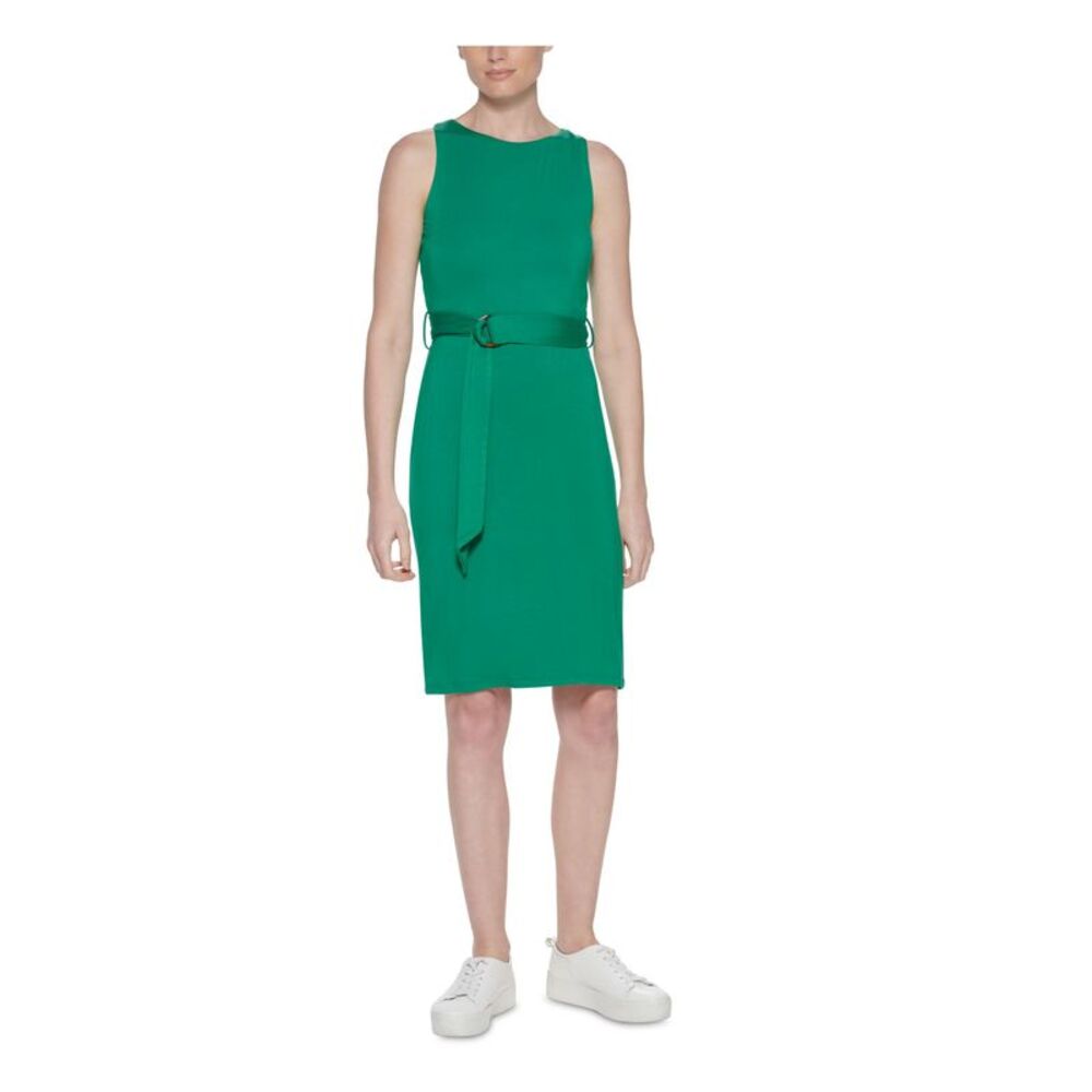 NWT CALVIN KLEIN Womens Green Belted Unlined Sleeveless Sheath Dress 4